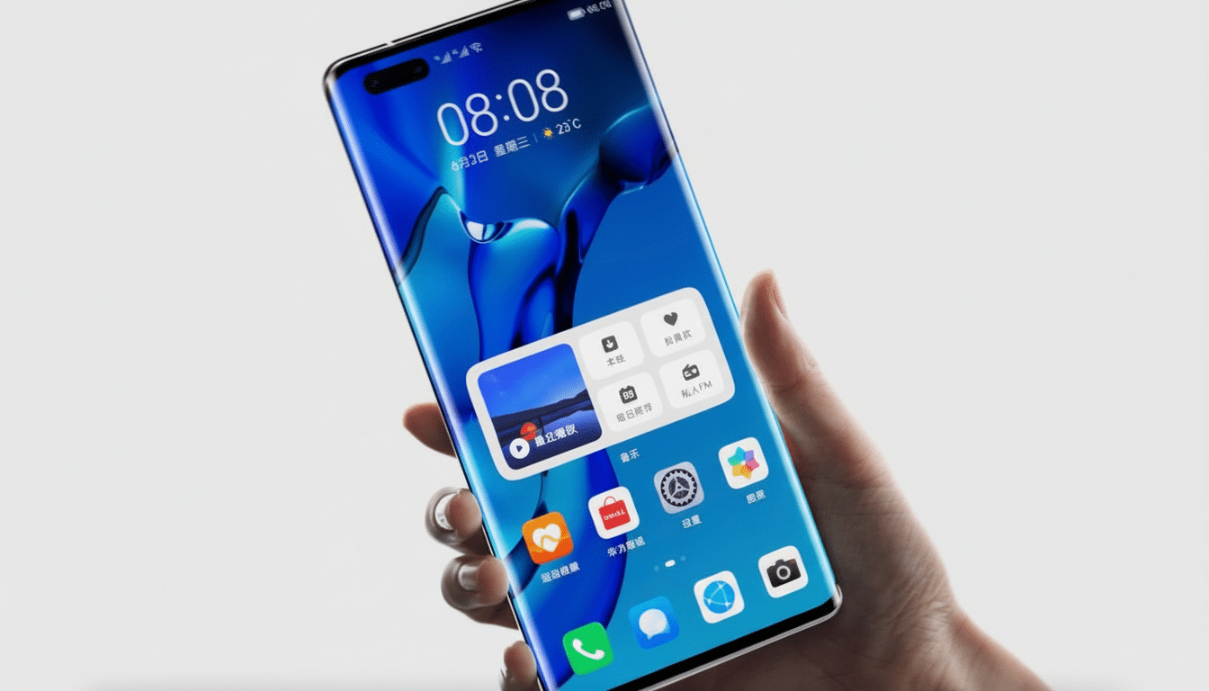 A hand holding a smartphone with a blue background and various app icons displayed on the screen.