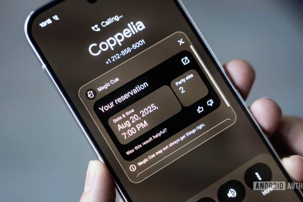 A close-up of a smartphone screen displaying a Magic Cue reservation confirmation for Coppelia on August 2 0, 2 025, at 7: 00 PM for 2 people.