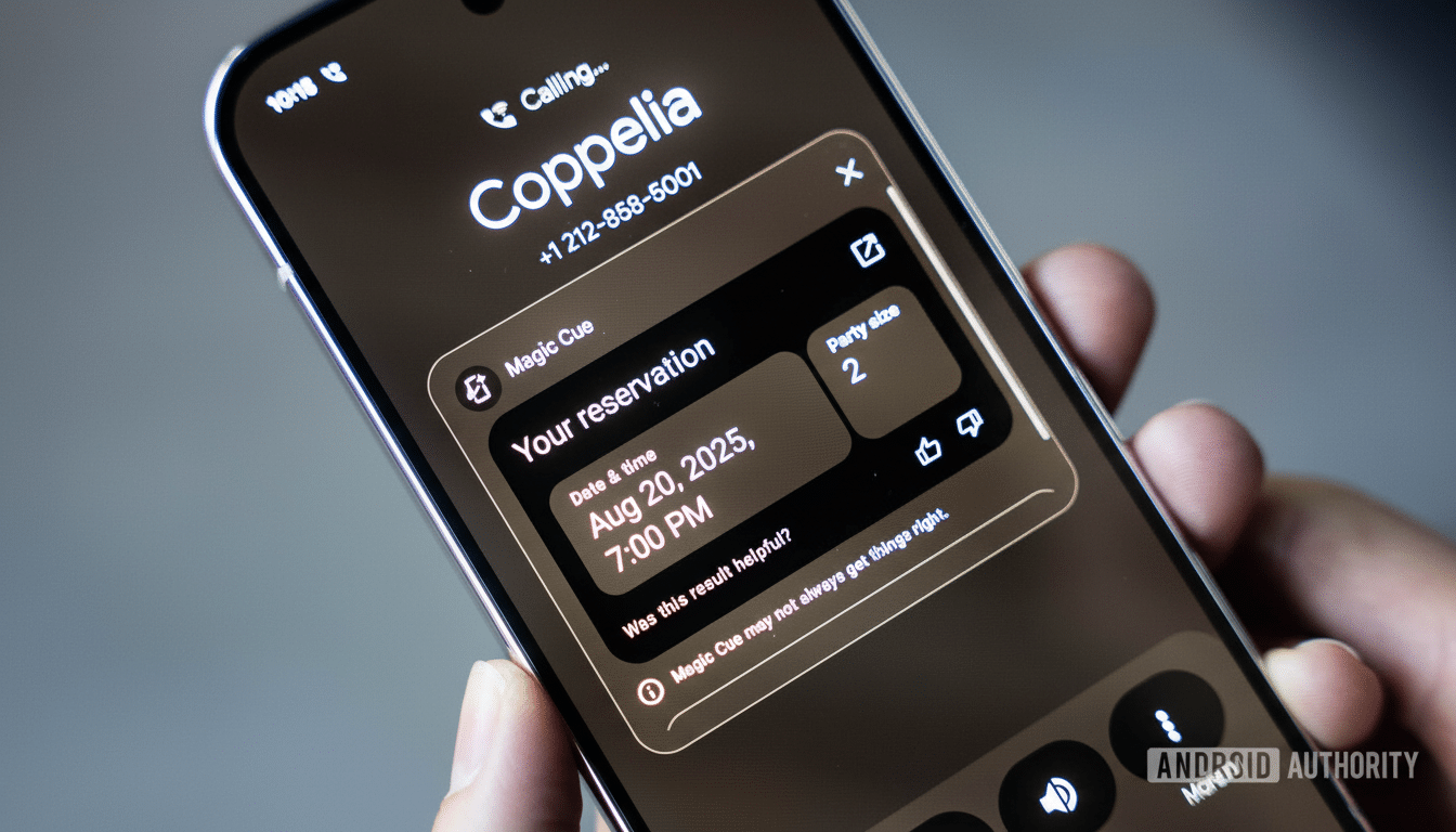 A close-up of a smartphone screen displaying a Magic Cue reservation confirmation for Coppelia on August 2 0, 2 025, at 7: 00 PM for 2 people.