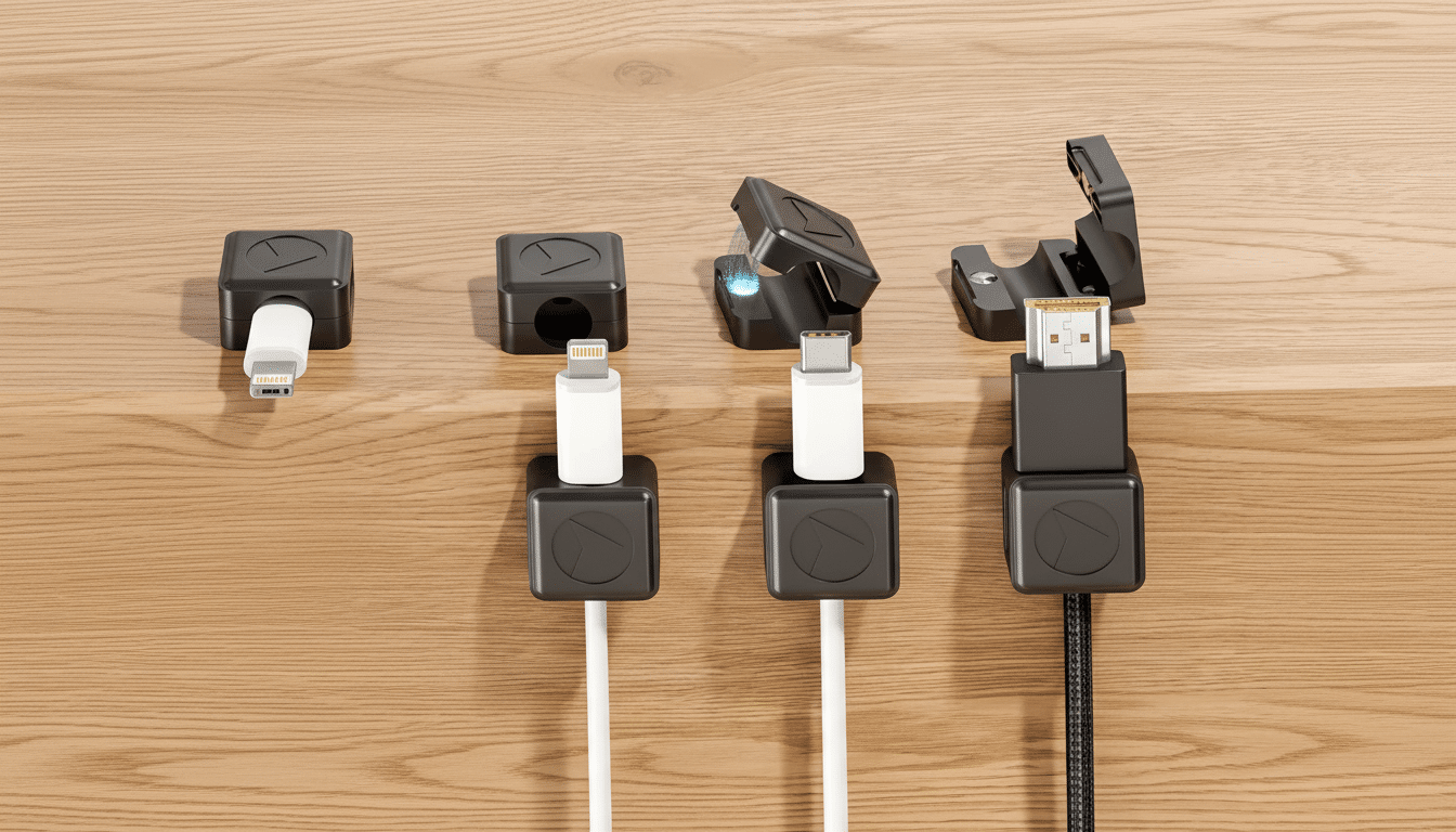 An image showing various magnetic cable holders attached to a wooden surface , with different types of charging cables plugged into them , resized to a 16: 9 aspect ratio.