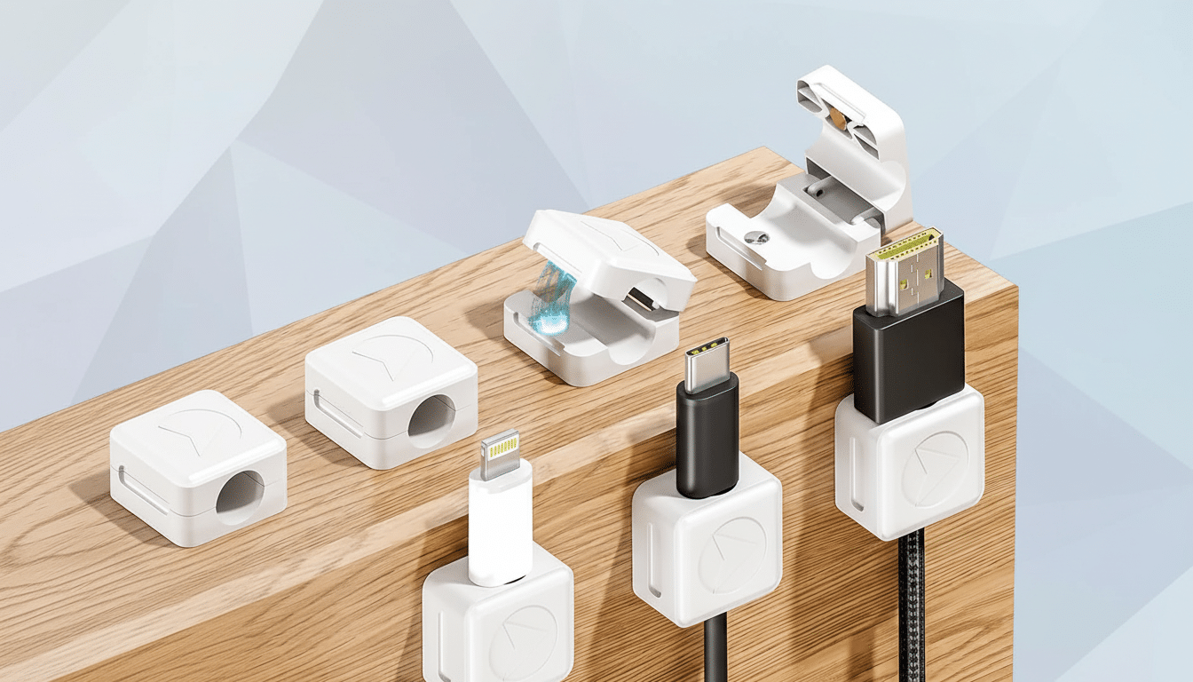 A 16:9 aspect ratio image of various white cable management clips, some holding charging cables ( Lightning, USB- C, HDMI) on a light wooden surface.