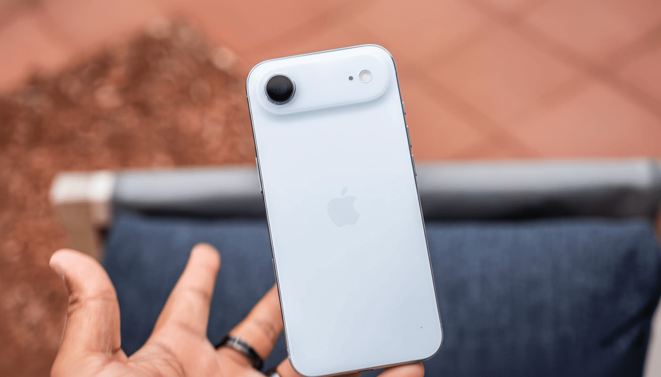 A hand holding a light blue smartphone, showcasing its back camera and the Apple logo, with a blurred outdoor background.