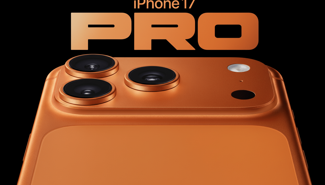 An orange iPhone 17 Pro with three camera lenses on the back, shown against a black background with iPhone 17 PRO text above.