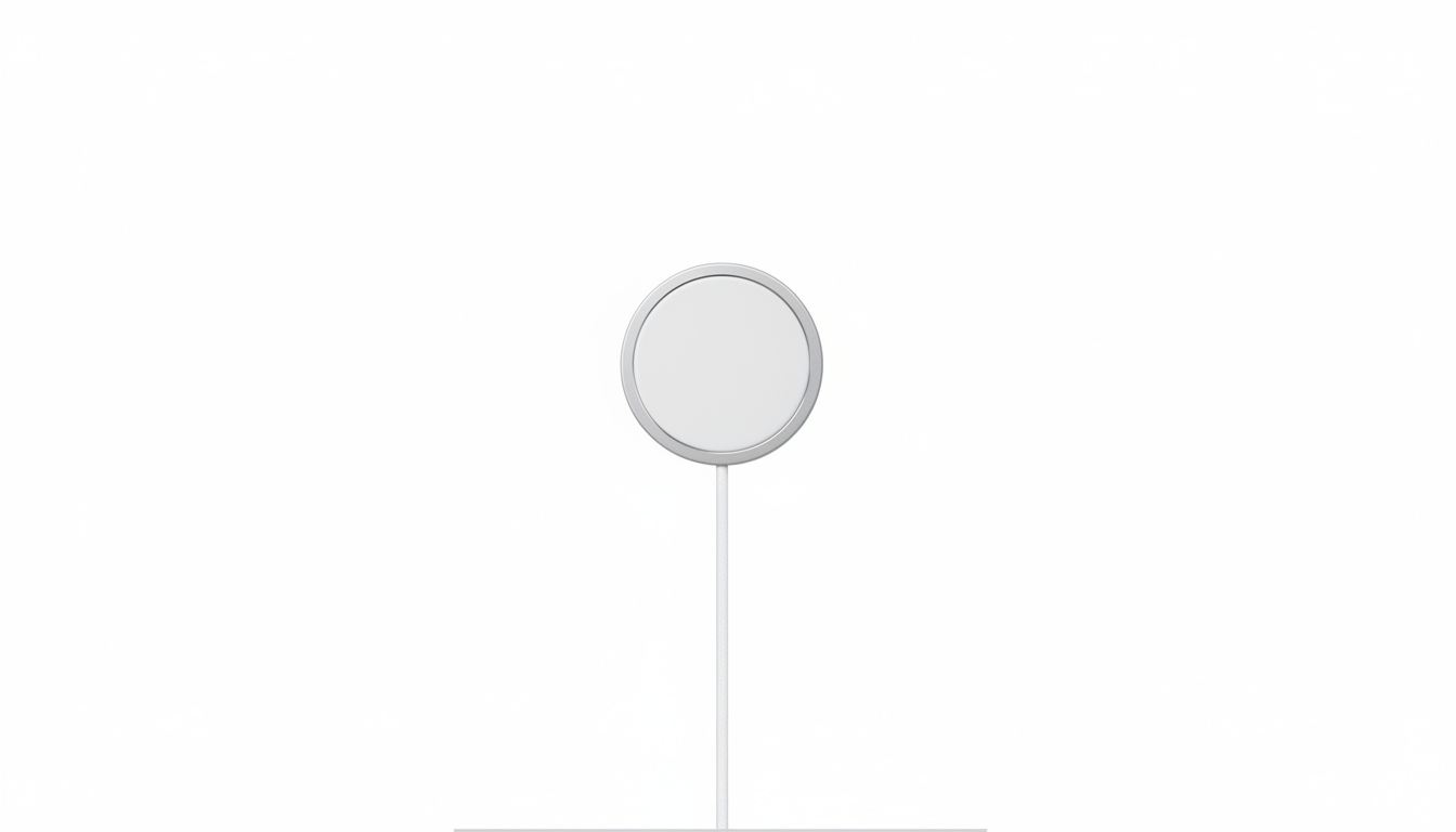 A white circular MagSafe charger with a silver rim and a white cable extending downwards, set against a clean white background.