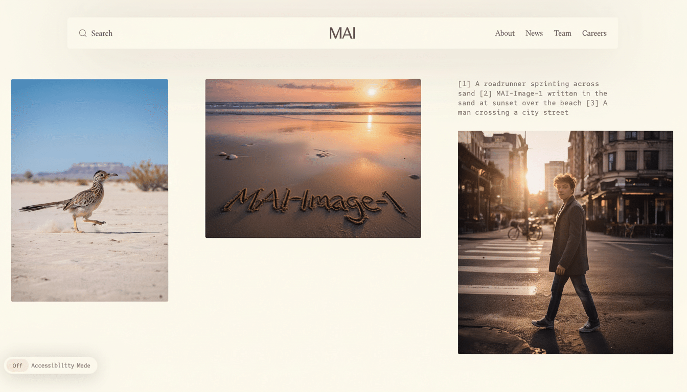 A web page with three image thumbnails. The left thumbnail shows a roadrunner in a desert landscape. The middle thumbnail displays MAI-Image -1 written in sand at sunset on a beach. The right thumbnail features a man walking across a city street.