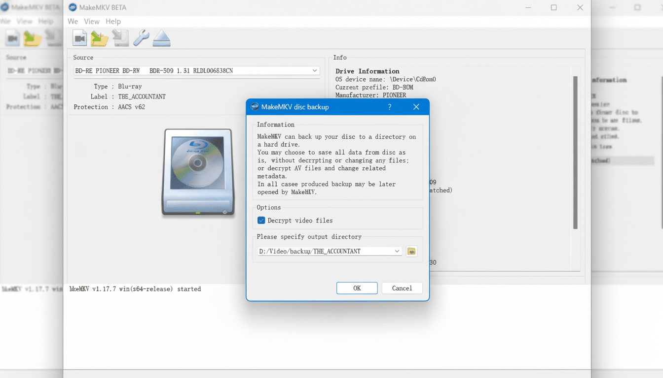 Screenshot of Make MKV BETA software interface with a popup window for  MakeMKV disc backup. The main window shows source information as a Blu-ray disc labeled THE ACCOUNTANT and drive information. The popup displays options to Decrypt video files and Specify output directory .