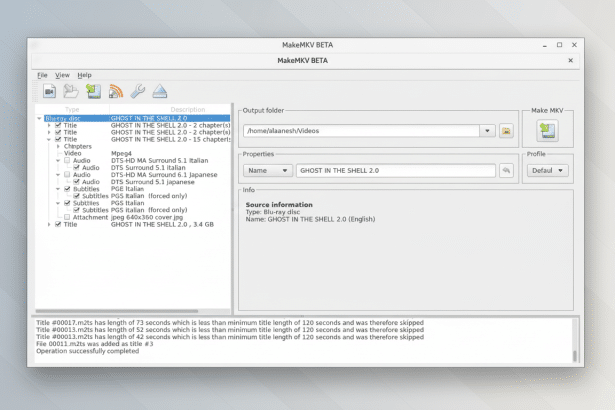 Screenshot of Make MKV BETA application interface showing file selection, output folder , properties, and source information.