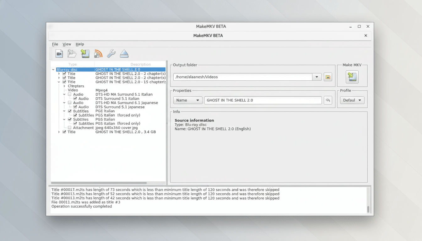 Screenshot of Make MKV BETA application interface showing file selection, output folder , properties, and source information.