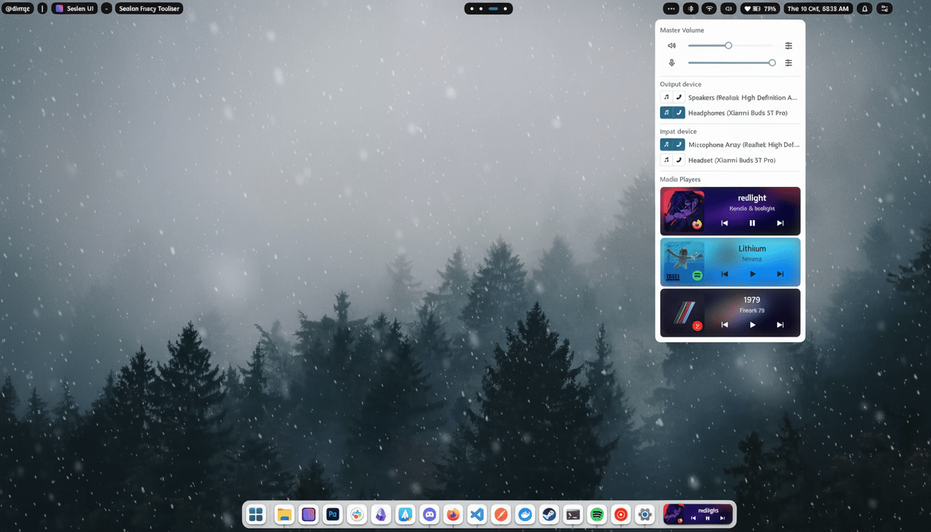 A desktop screenshot displaying a snowy forest background, a volume and media player widget, and a task bar with various application icons.