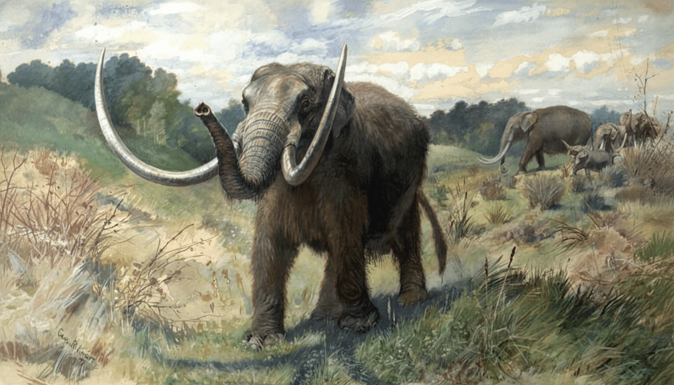 An ancient illustration of a herd of mamm oths, with a large, sh aggy mammoth in the foreground, against a natural landscape.
