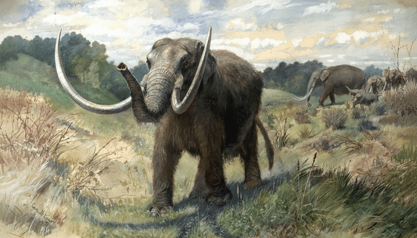 An ancient illustration of a herd of mamm oths, with a large, sh aggy mammoth with long tusks prominently featured in the foreground, standing in a gr