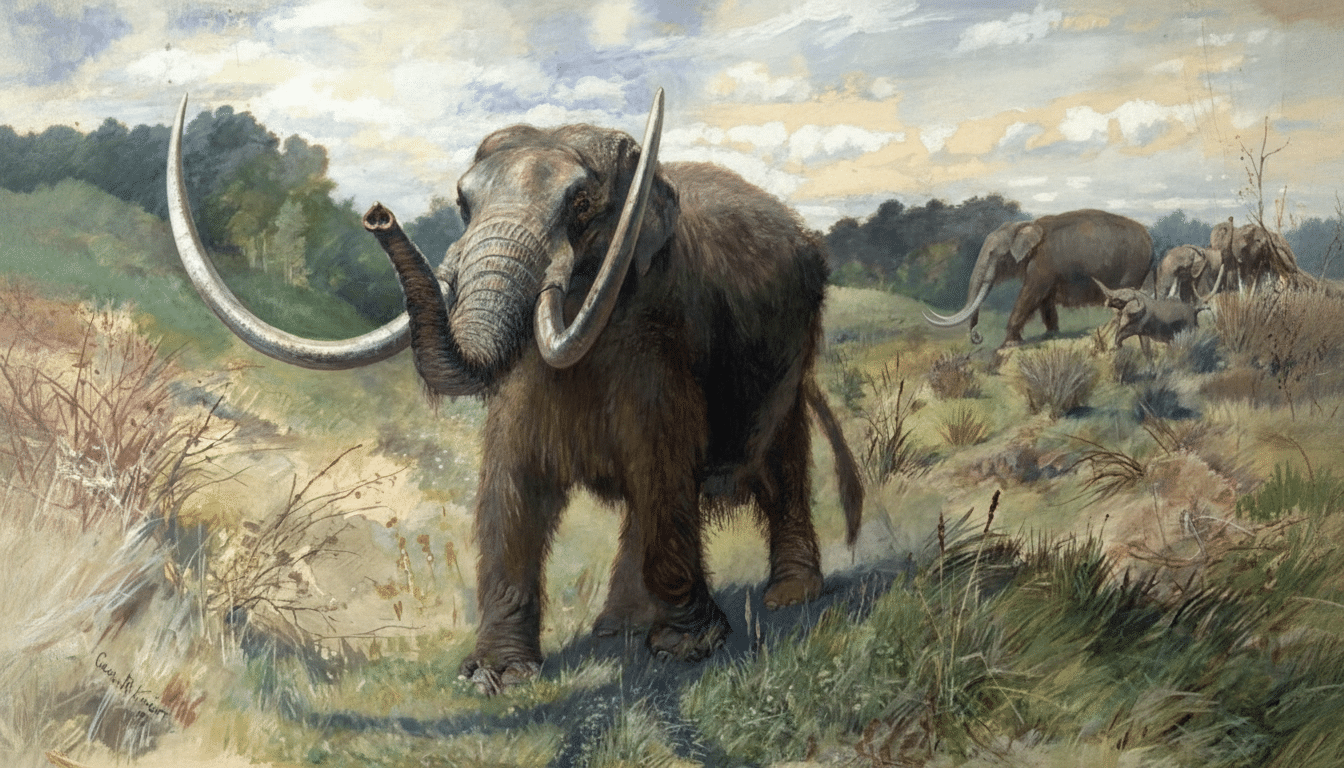 An oil painting depicts a large, sh aggy mammoth with long, curved tusks standing in a grassy landscape, with other mammoths and a smaller animal in t