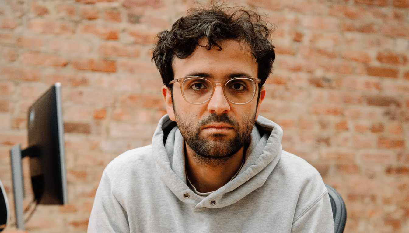 A man with glasses and a beard wearing a grey hoodie, looking directly at the camera, with a brick wall and a computer monitor in the background, resized to a 16: 9 aspect ratio.