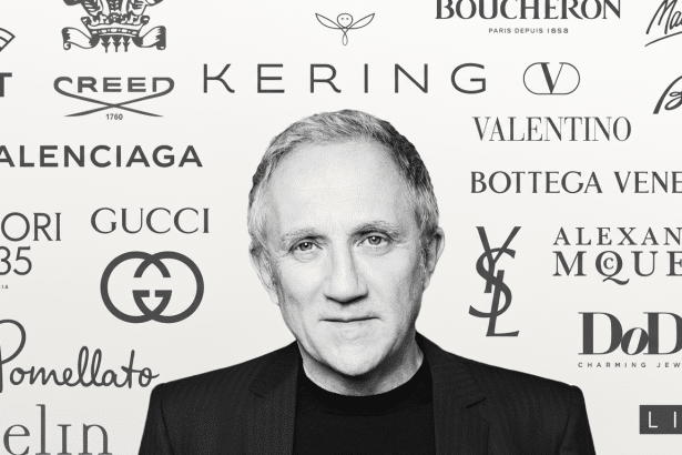 A black and white image of a man in a suit, positioned centrally, with various luxury brand logos surrounding him on a white background. The image has