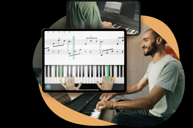 A man playing a digital piano, with a tablet displaying sheet music and a virtual keyboard overlay in the foreground. Another screen above shows a similar piano lesson setup .