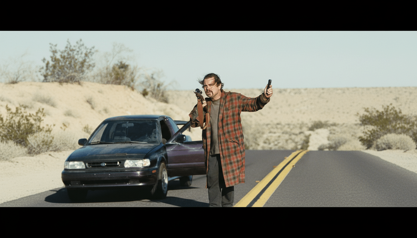 A man in a plaid coat holding a rifle and a phone, standing next to an open car door on a desert road .