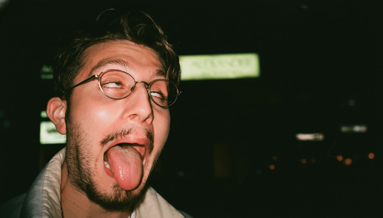 A man with glasses and a beard making a silly face with his tongue out and eyes rolled up , against a dark , out -of-focus background. Filename : man silly facedark background.png