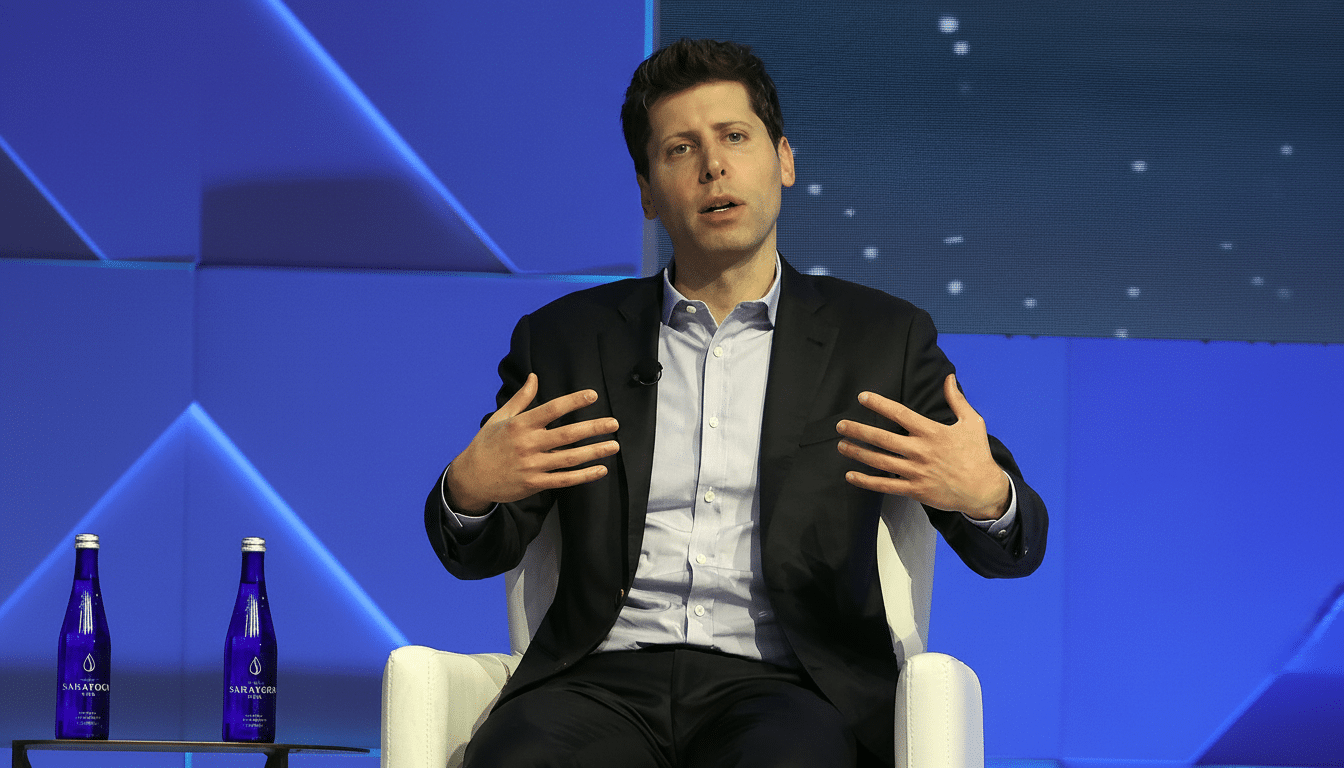 A man in a suit speaking while seated, with a blue background and two bottles of Saratoga water on a table beside him.