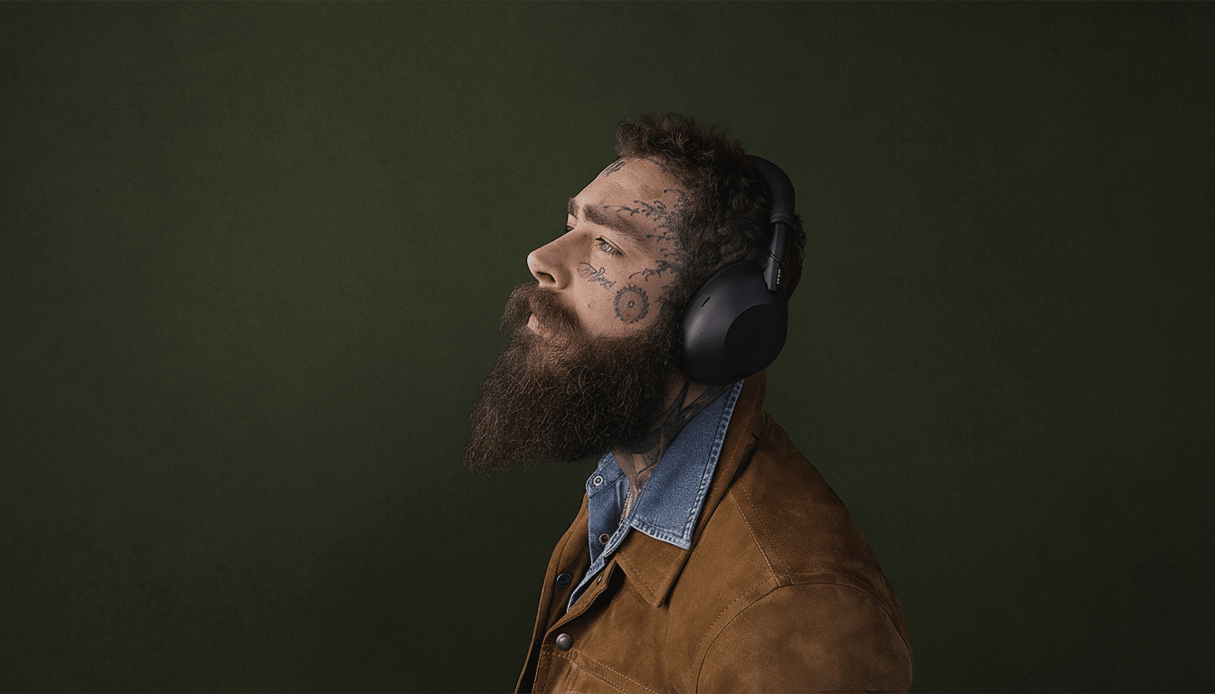 A man with a beard and tattoos wearing headphones, looking up against a dark green background.