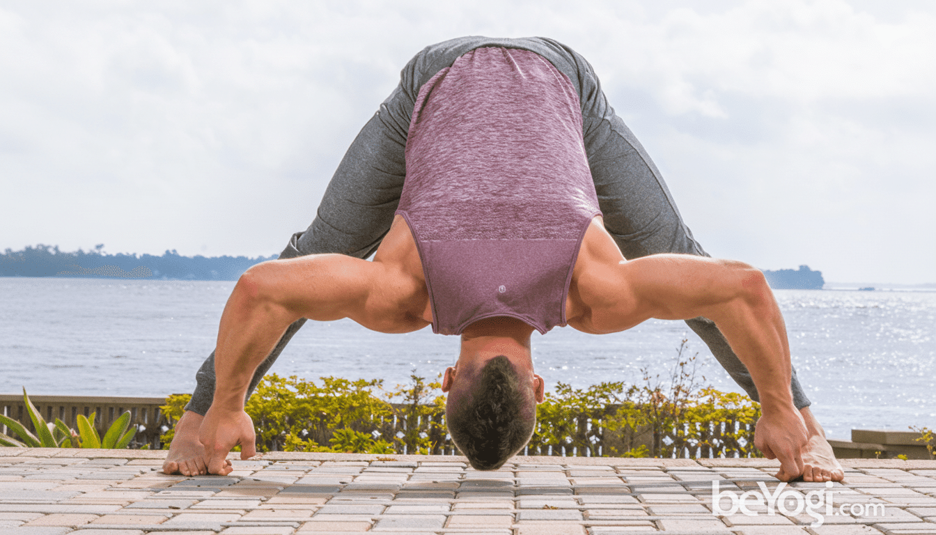 A man in a yoga pose, bending forward with his head towards the ground and his hands grasping his feet, outdoors with a body of water in the backgroun