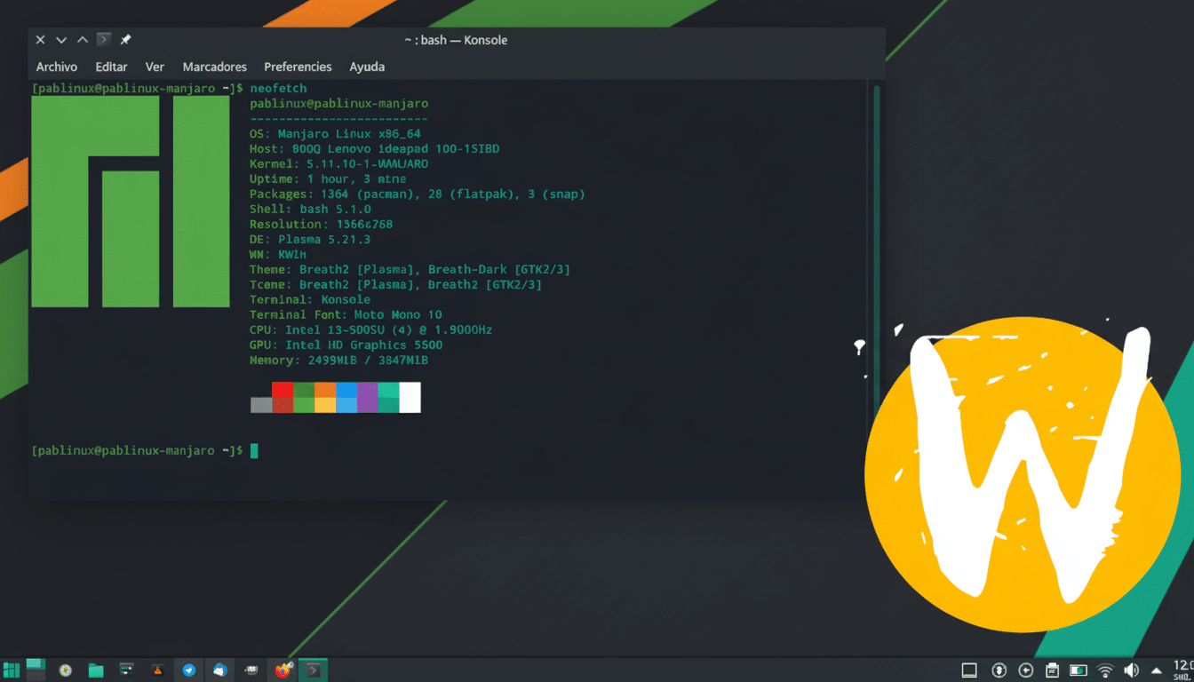 A professional desktop screenshot of Manjaro Linux with a terminal window displaying system information from the neofetch command. The background feat