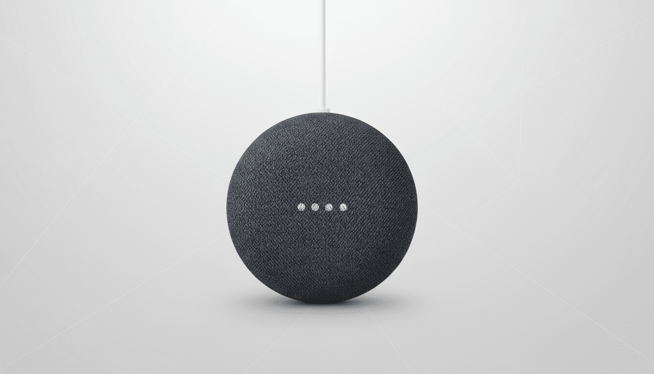 A dark gray Google Home Mini smart speaker with a white cable extending upwards , centered on a light gray background with subtle geometric patterns. Filename : googlehome minienhanced . png
