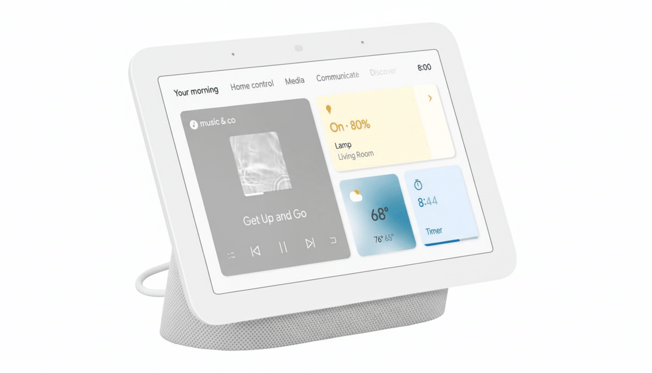 A white smart display device showing various controls and information on its screen, set against a clean white background.