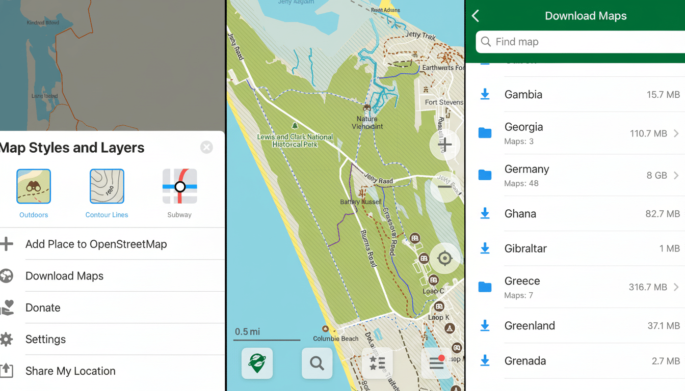Three mobile app screens displaying map-related features: map styles, a detailed outdoor map, and a list of countries for map downloads. Filename : mapapp screensresized .png