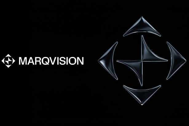 Mar qVision logo and abstract 3D dark blue star-like graphic on a black background.