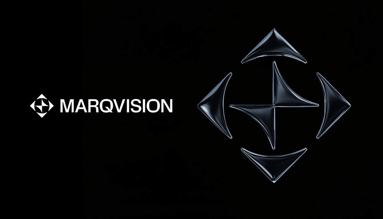 Mar qVision logo and abstract 3D dark blue star-like graphic on a black background.