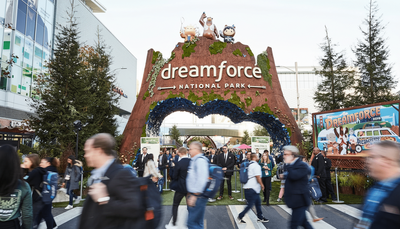 A large Dream force National Park entrance structure with cartoon characters on top, surrounded by attendees.