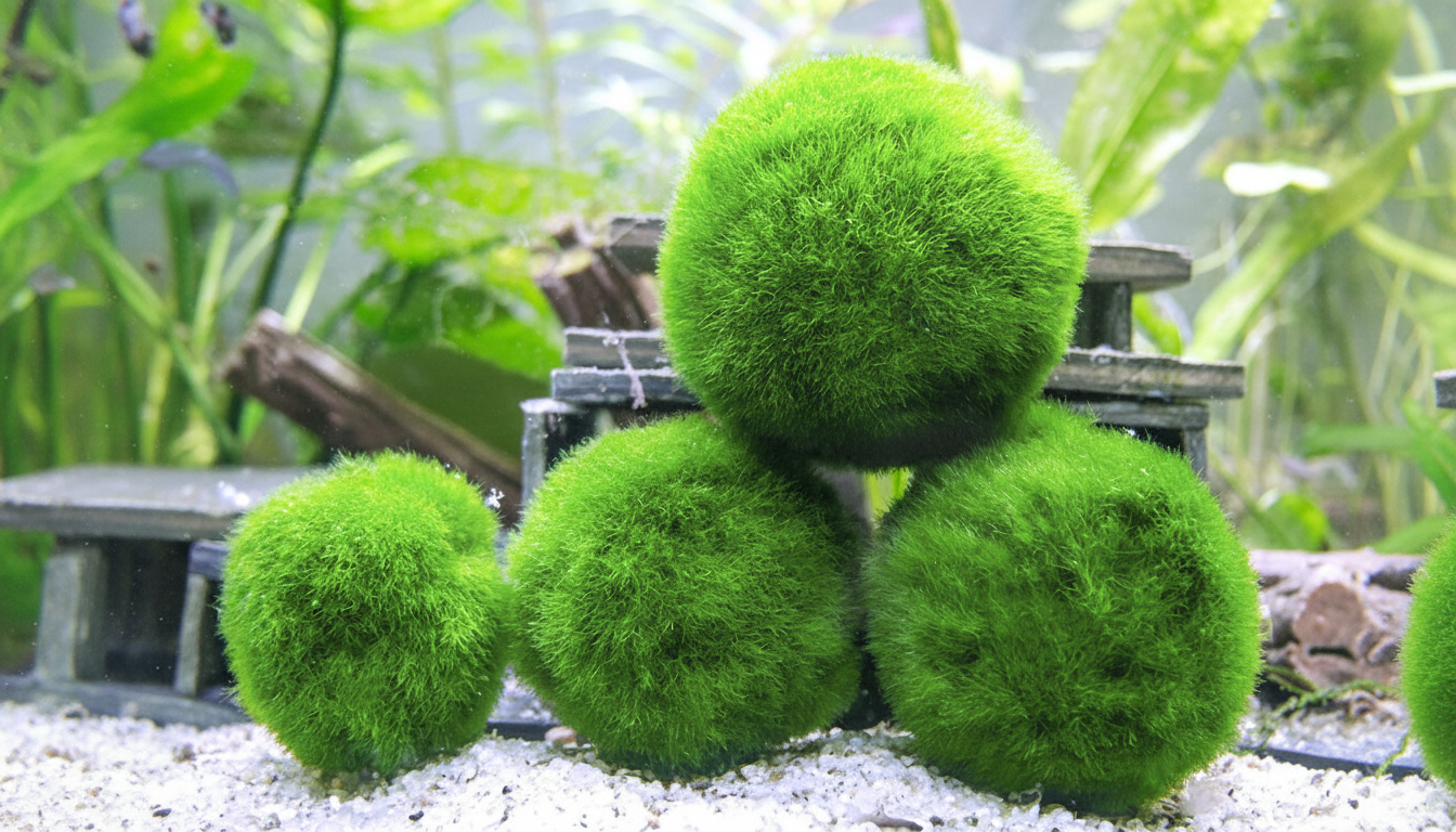 Four vibrant green marimo moss balls resting on white gravel in an aquarium with lush green plants in the background.