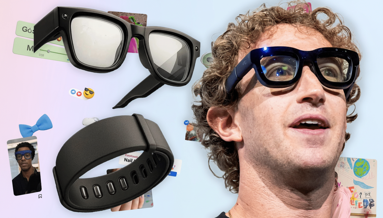 Mark Zuckerberg wearing a pair of smart glasses, with two other smart devices (a different pair of smart glasses and a wristband ) floating next to him, all against a subtly textured background.