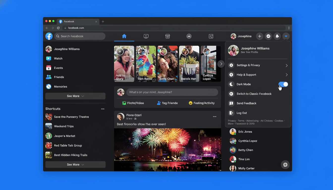 A professional screenshot of the Facebook website in dark mode, showing the ' Dark Mode' toggle being switched on within the settings menu. Filename : facebookdark modesettings . png