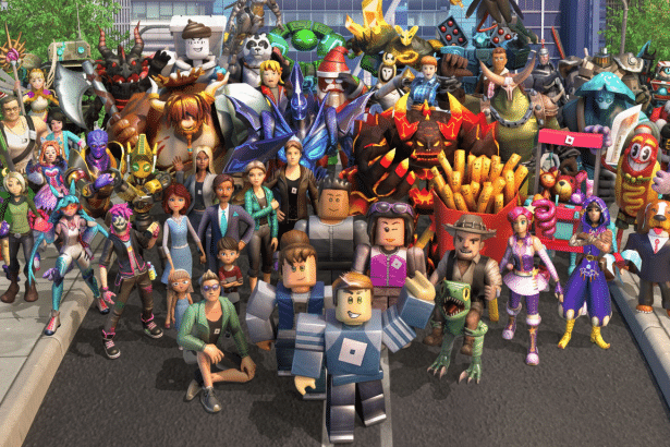 A large group of diverse Roblox characters, including human -like avatars and various creatures , standing together on a street with a city background .