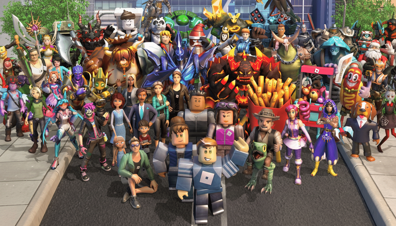 A large group of diverse Roblox characters, including human -like avatars and various creatures , standing together on a street with a city background .
