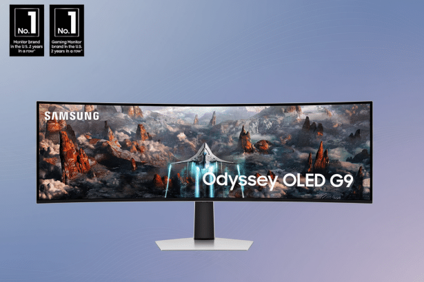 A professional shot of the Samsung Odyssey OLED G9 curved gaming monitor, showcased with a sleek flat design background featuring soft blue and purple gradients . The No. 1 Monitor brand and No. 1 Gaming Monitor brand badges are prominently displayed in the upper left corner .