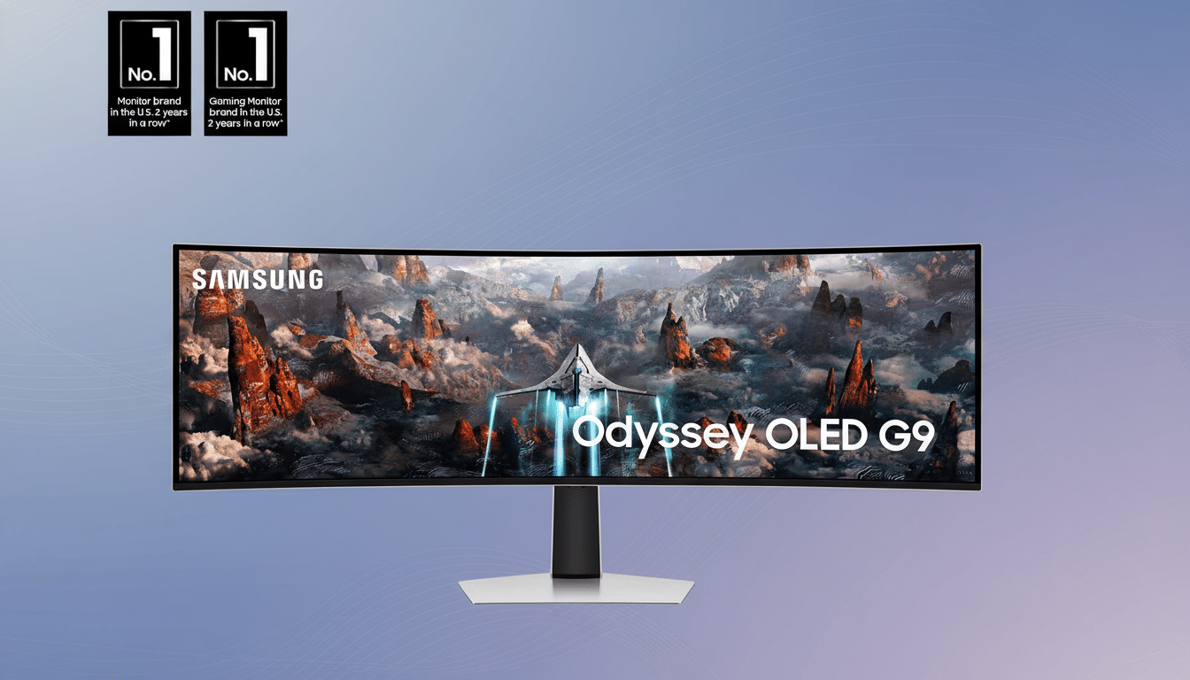 A professional shot of the Samsung Odyssey OLED G9 curved gaming monitor, showcased with a sleek flat design background featuring soft blue and purple gradients . The No. 1 Monitor brand and No. 1 Gaming Monitor brand badges are prominently displayed in the upper left corner .