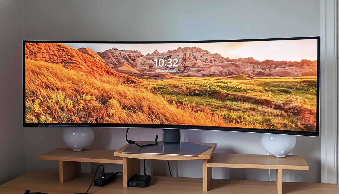 A professional , enhanced image of a curved monitor displaying a landscape with mountains and golden fields , resized to a 1 6:9 aspect ratio.