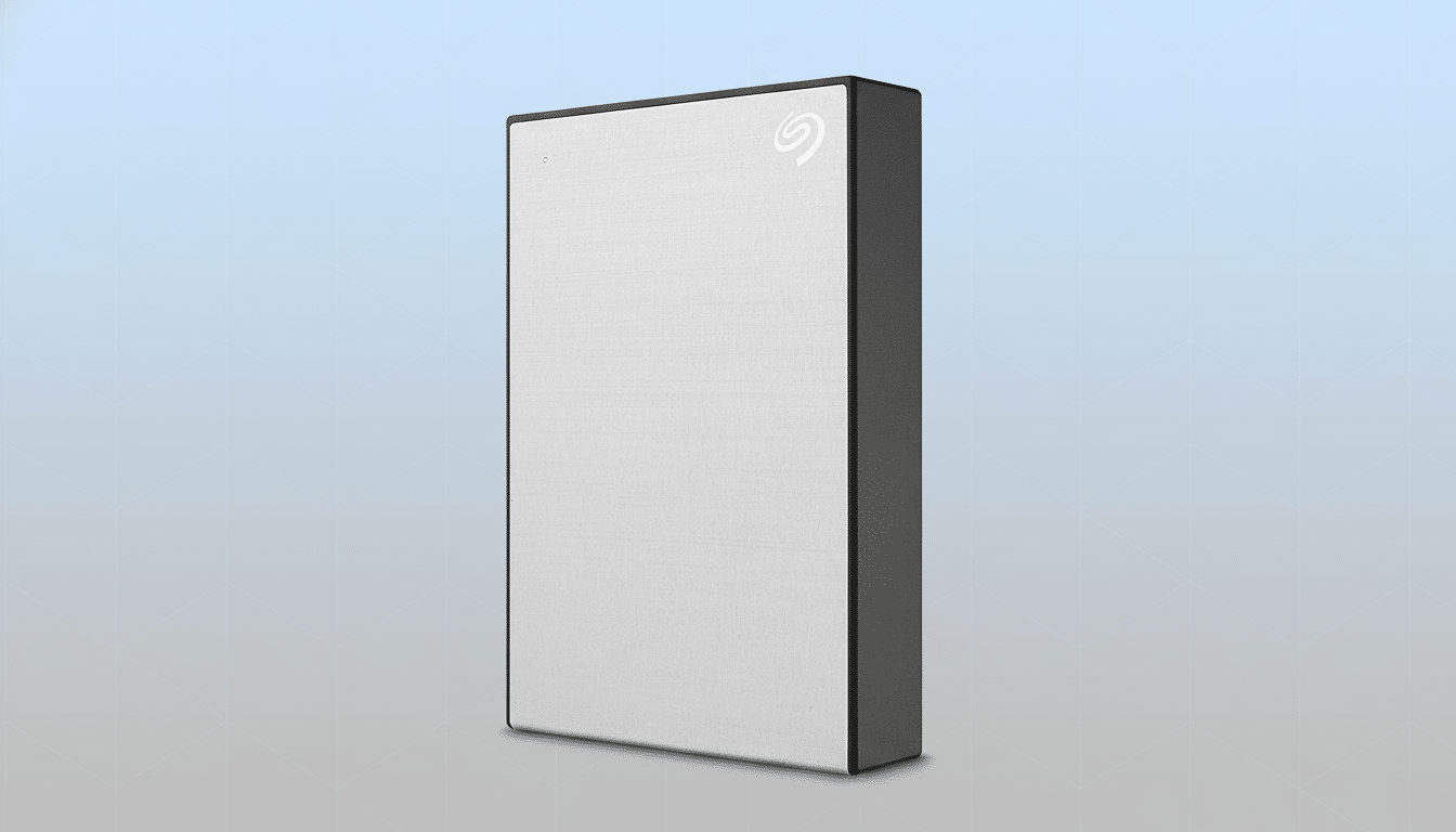 A professional , enhanced image of a Seagate external hard drive, presented in a 1 6:9 aspect ratio with a clean , flat design background featuring soft blue and gray gradients and subtle geometric patterns. The hard drive is light gray with a textured finish and a black casing, featuring the Seagate logo in the top right corner .