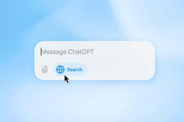 A professional 16:9 image showing a message input field with Message ChatGPT placeholder text, a paper clip icon, a blue globe icon , and a Search button , all against a blurred light blue background.