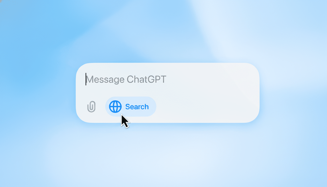 A professional 16:9 image showing a message input field with Message ChatGPT placeholder text, a paper clip icon, a blue globe icon , and a Search button , all against a blurred light blue background.