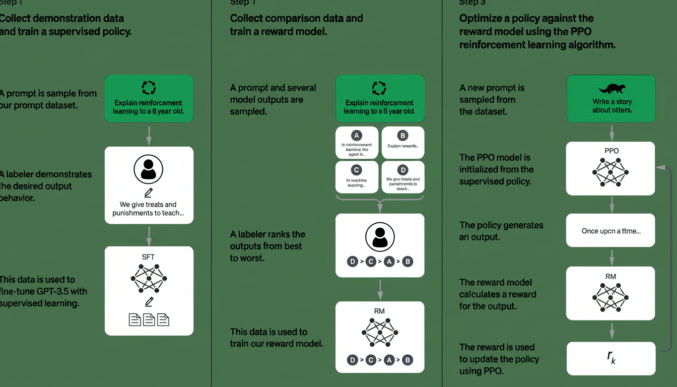 A three-step diagram detailing the process of training a supervised policy, collecting comparison data to train a reward model , and optimizing a policy using the PPO reinforcement learning algorithm, presented on a dark green background . Each step includes text descriptions and flowcharts with icons representing data collection , human feedback, and machine learning models like SFT, Reward Model (RM), and PPO.