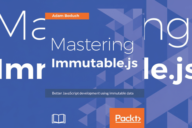 A professional flat design image of the Mastering Immutable.js book cover, resized to a 1 6:9 aspect ratio, featuring the title in white against a blue background with subtle geometric patterns.