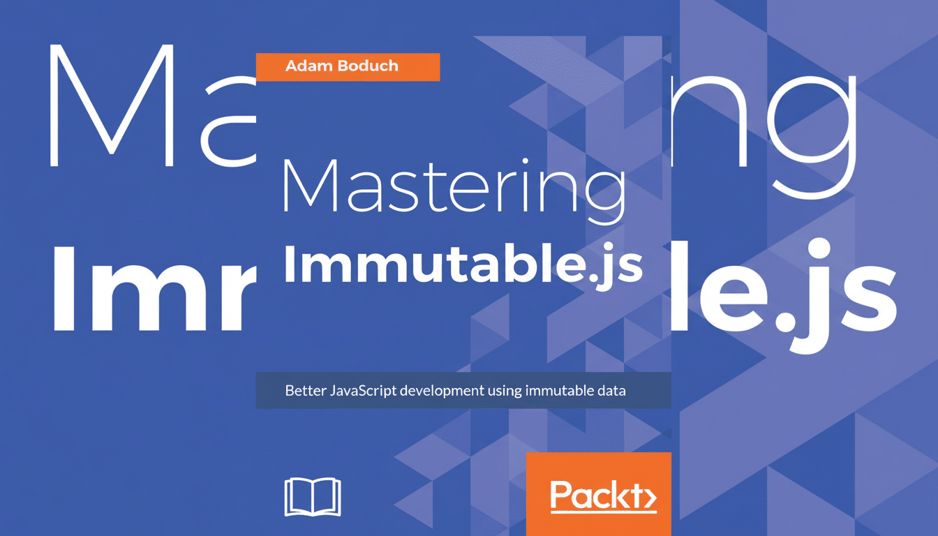A professional flat design image of the Mastering Immutable.js book cover, resized to a 1 6:9 aspect ratio, featuring the title in white against a blue background with subtle geometric patterns.