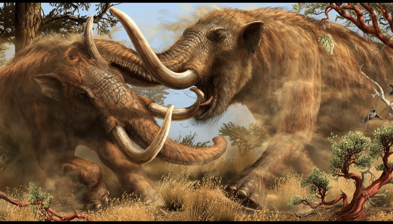 Two wool ly mammoths, one on the left and one on the right, are engaged in a fierce battle, their massive tusks clashing amidst a cloud of dust. The m