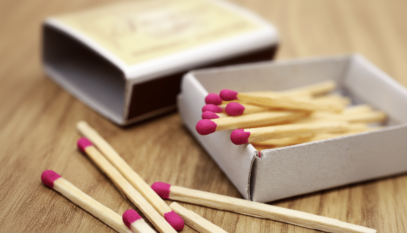 Close -up of an open matchbox filled with matches, with several loose matches scattered on a wooden surface, set at a 1 6:9 aspect ratio. Filename : matches on wood 169 .png