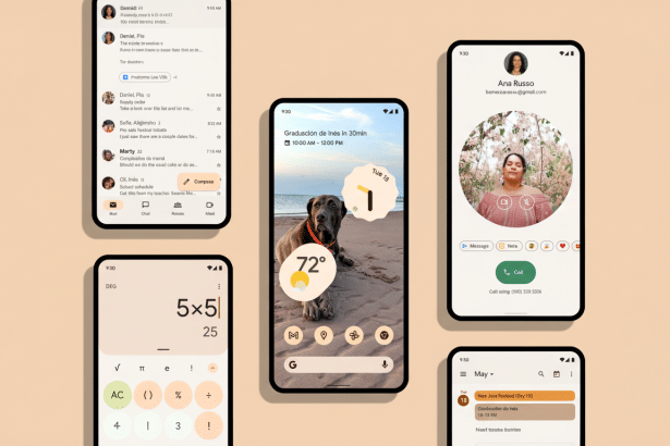 Multiple smartphones displaying various Google app interfaces , including Gmail , Google Calendar with a dog wallpaper , Google Phone with a contact photo, and a calculator app, against a clean white background.