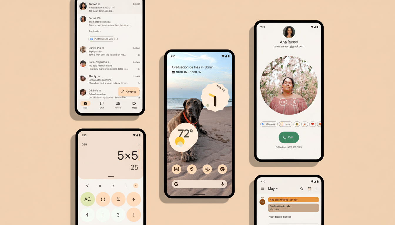 Multiple smartphones displaying various Google app interfaces , including Gmail , Google Calendar with a dog wallpaper , Google Phone with a contact photo, and a calculator app, against a clean white background.