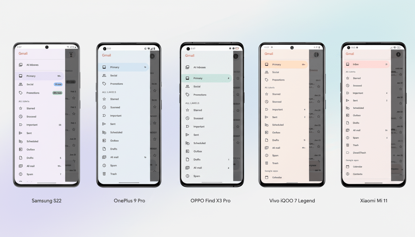 Five mobile phones displaying Gmail interfaces on different smartphone models, set against a clean white background.
